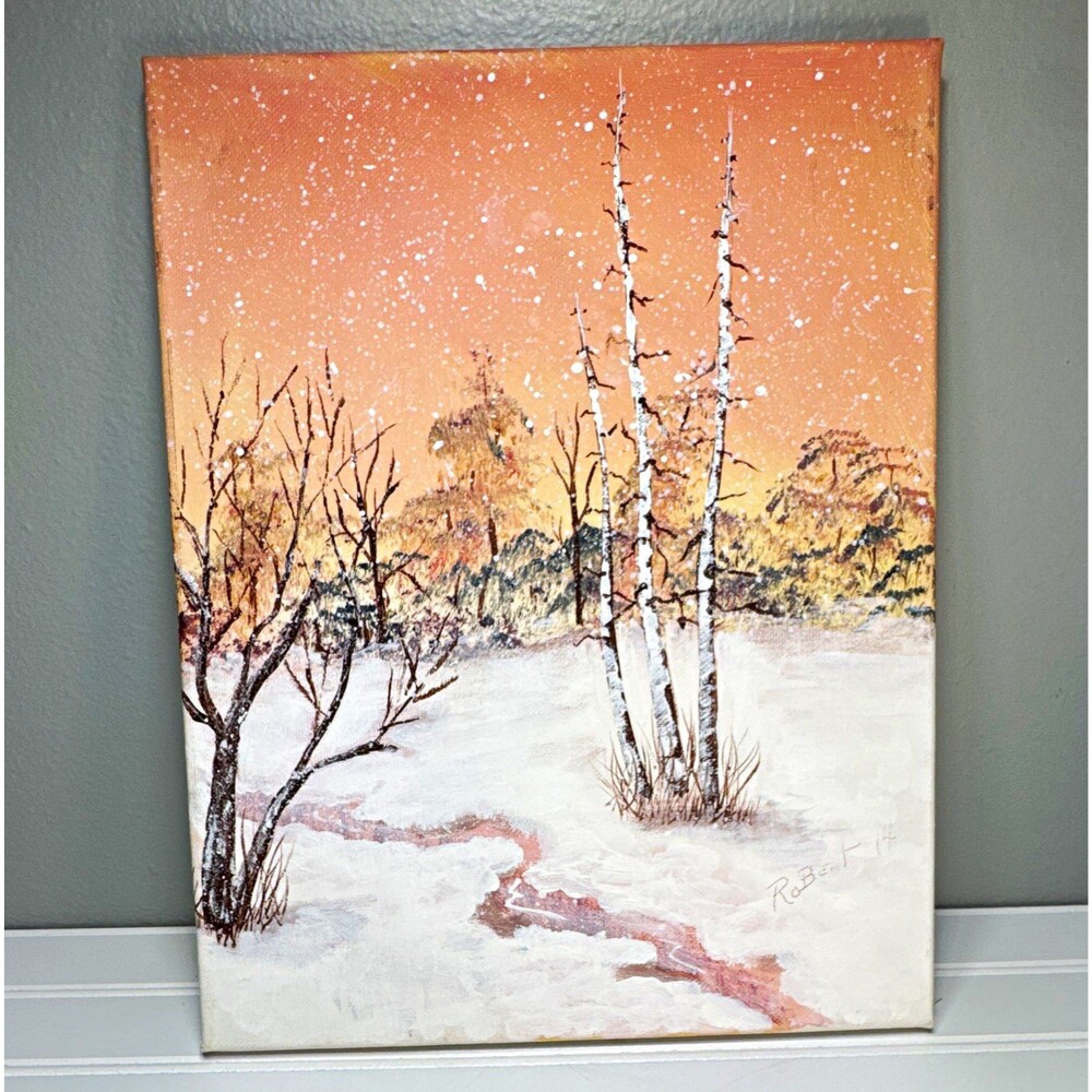 Robert  14 Signed Winter Snow Tree Landscape Canvas Painting Unframed